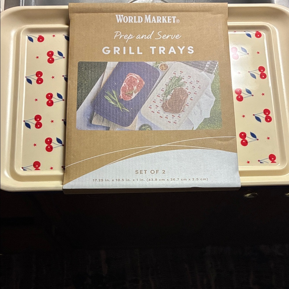 NWT Cost Plus World Market Red Cherry & blue 2pc. XL Grill Trays